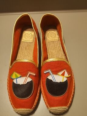 Tory Burch Orange Canvas Espadrille Flats with Gold Trim ..never Worn